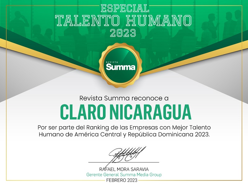 Revista SUMMA reconoce a Claro Nicaragua como una de las empresas con Mejor Talento Humano de la región