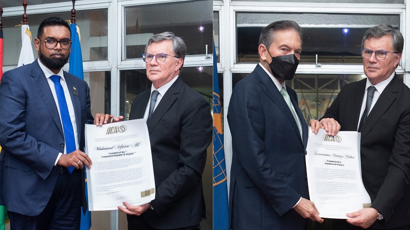 Presidentes de Guyana y Panamá, Mohamed Irfaan Ali y Laurentino Cortizo, fueron reconocidos por el IICA por su liderazgo y visión en favor de la agricultura y la seguridad alimentaria regional